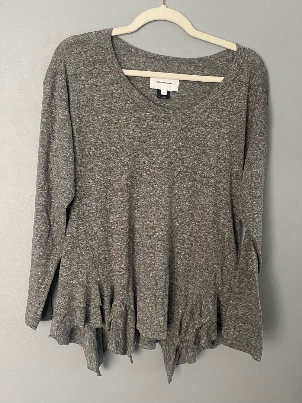 Current/Elliott The Tier Heather Gray Ruffle-Hem Long Sleeve Top
